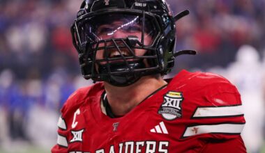 Texas Tech's Jacob Rodriguez celebrates a BYU turnover during the Big 12 Conference championship football game, Saturday, Nov. 6, 2025, at AT&T Stadium in Arlington.