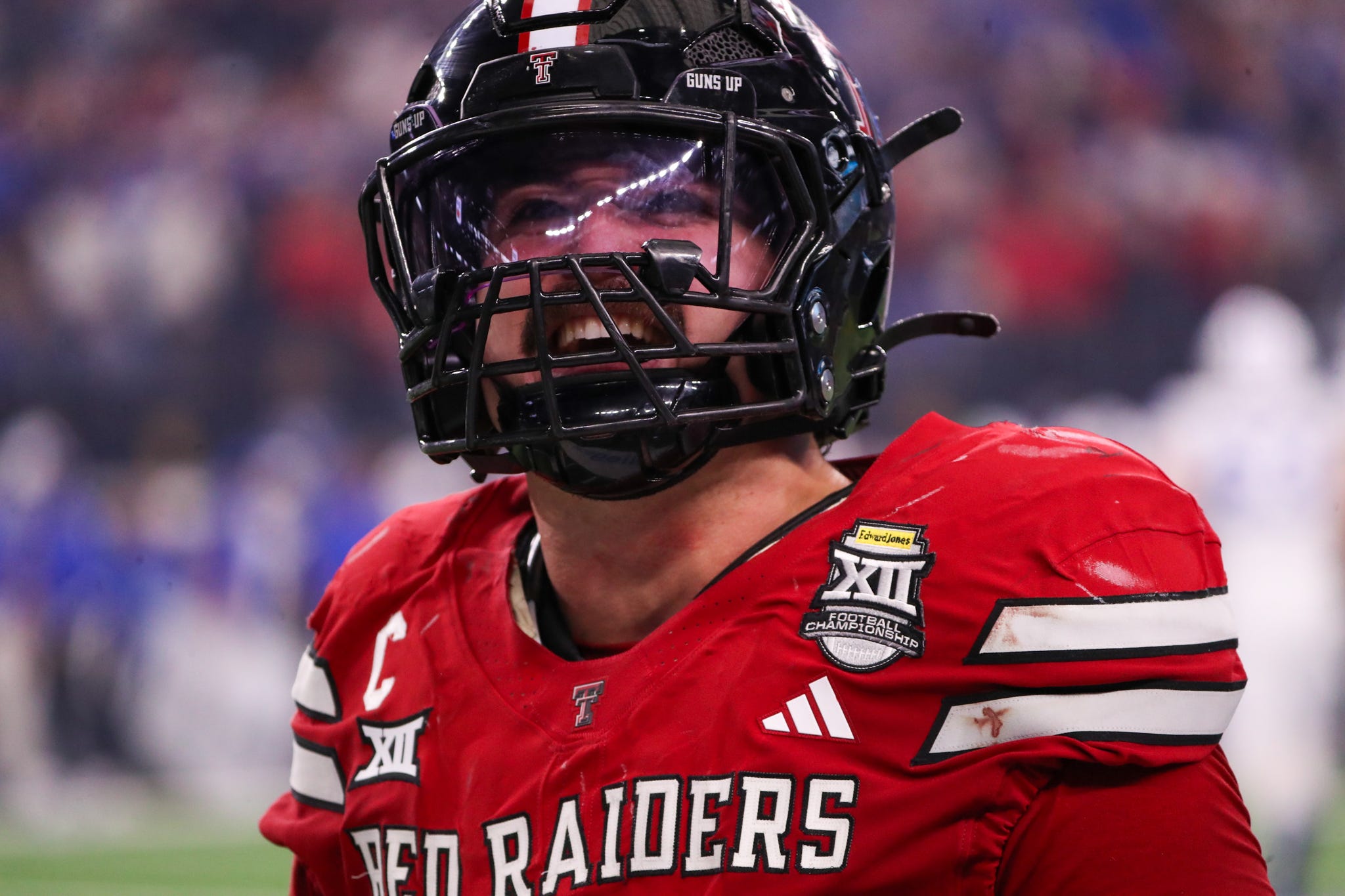Texas Tech's Jacob Rodriguez celebrates a BYU turnover during the Big 12 Conference championship football game, Saturday, Nov. 6, 2025, at AT&T Stadium in Arlington.