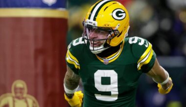 Green Bay Packers wide receiver Christian Watson (9) celebrates a touchdown during a football game against the Chicago Bears on Dec. 7, 2025, at Lambeau Field in Green Bay, Wis. The Packers defeated the Bears 28-21.