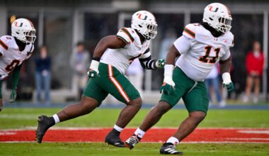 Nov 1, 2025; Dallas, Texas, USA; Miami Hurricanes defensive lineman Rueben Bain Jr. (4) and defensive lineman David Blay (11) rushes the line during the game between the Mustangs and the Hurricanes at Gerald J. Ford Stadium.