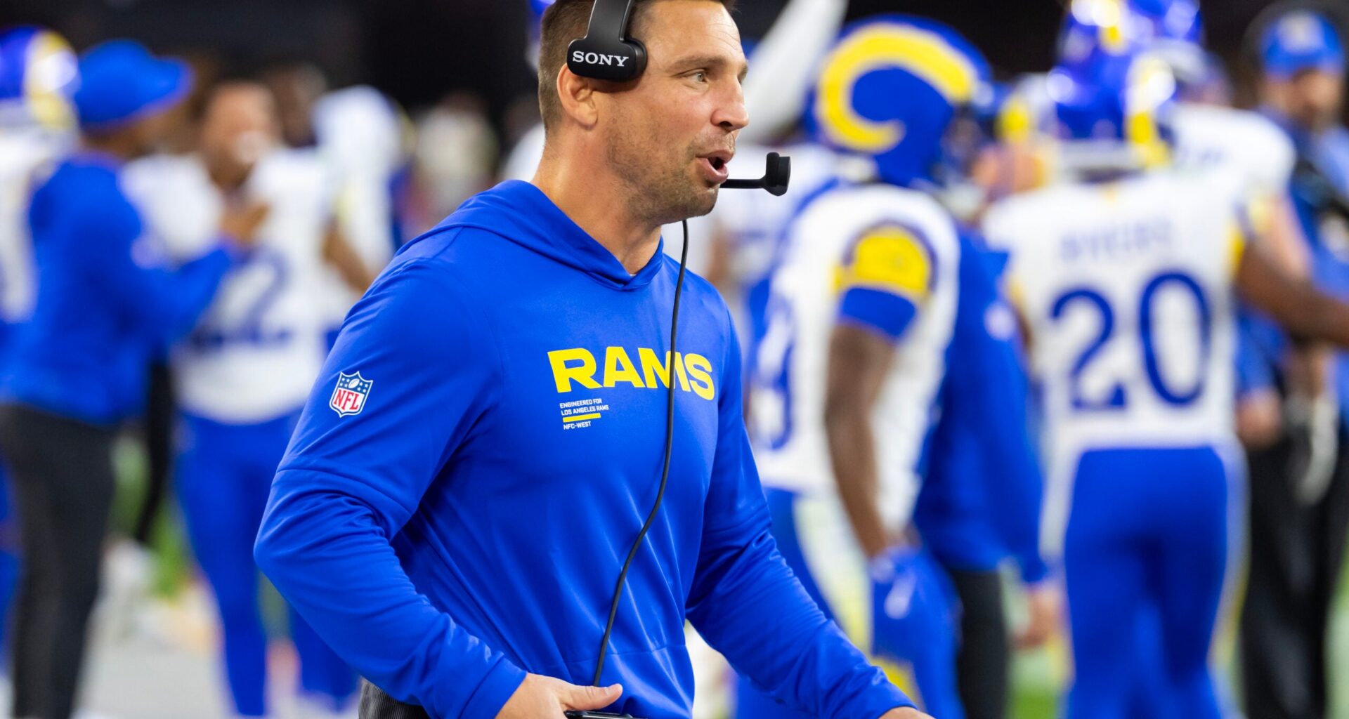 Dec 7, 2025; Glendale, Arizona, USA; Los Angeles Rams defensive coordinator Chris Shula against the Arizona Cardinals at State Farm Stadium.