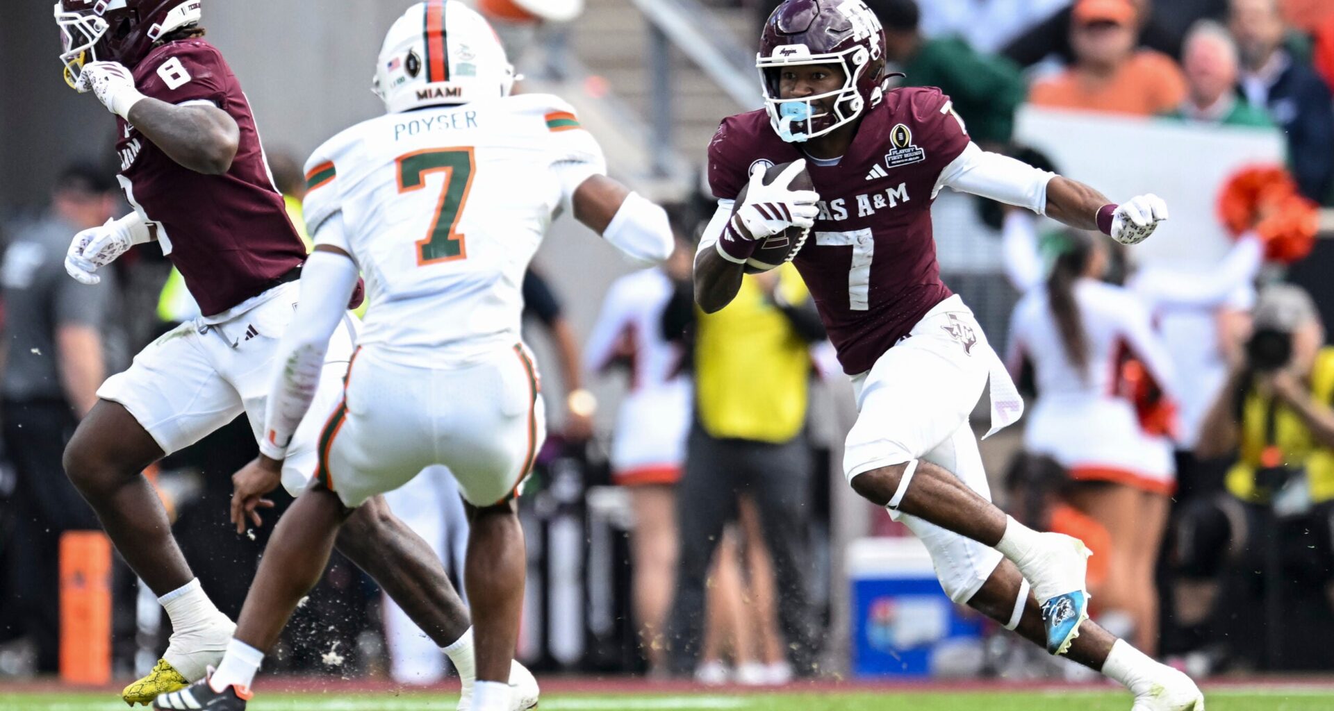 Dec 20, 2025; College Station, TX, USA; Texas A&M Aggies wide receiver KC Concepcion (7) runs the ball against the Miami Hurricanes during the second half at Kyle Field.
