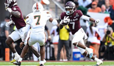 Dec 20, 2025; College Station, TX, USA; Texas A&M Aggies wide receiver KC Concepcion (7) runs the ball against the Miami Hurricanes during the second half at Kyle Field.