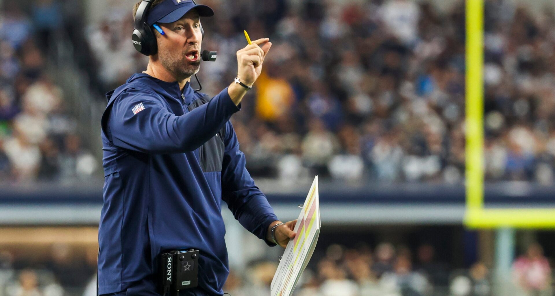Dec 21, 2025; Arlington, Texas, USA; Dallas Cowboys head coach Brian Schottenheimer reacts to a play against the Los Angeles Chargers during the second quarter at AT&T Stadium.
