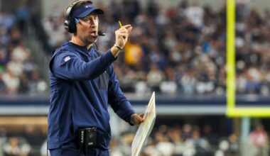 Dec 21, 2025; Arlington, Texas, USA; Dallas Cowboys head coach Brian Schottenheimer reacts to a play against the Los Angeles Chargers during the second quarter at AT&T Stadium.