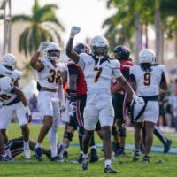 Dec 23, 2025; Boca Raton, FL, USA; Toledo Rockets safety Emmanuel McNeil-Warren (7) celebrates a third down stop against the Louisville Cardinals during the third quarter of the Boca Raton Bowl at Flagler CU Stadium.