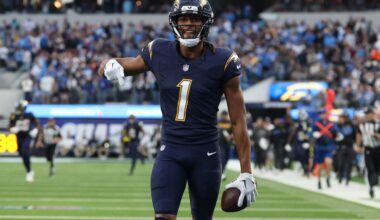 Dec 27, 2025; Inglewood, California, USA; Los Angeles Chargers wide receiver Quentin Johnston (1) reacts after making a 60-yard reception against the Houston Texans during the first half at SoFi Stadium.