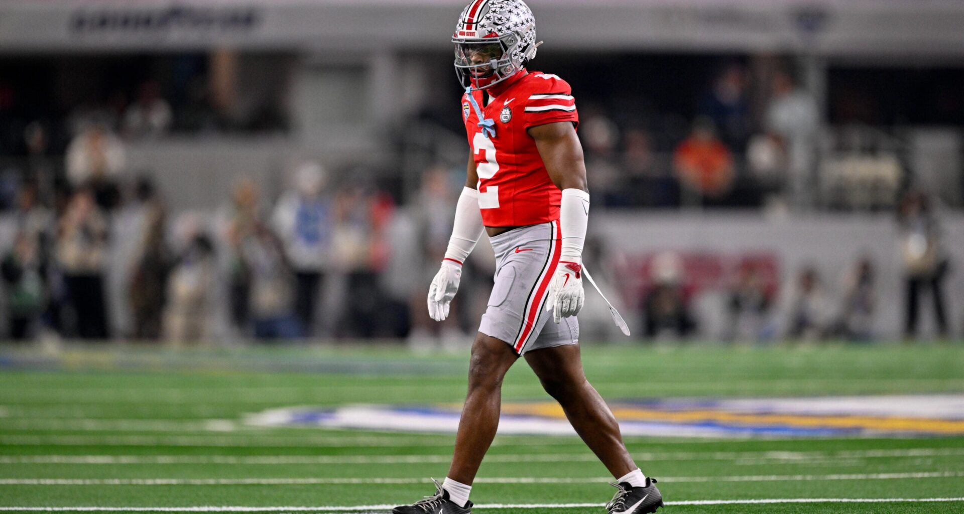 Arlington, TX, USA; Ohio State Buckeyes safety Caleb Downs (2) gets into position during the 2025 Cotton Bowl and quarterfinal game of the College Football Playoff at AT&T Stadium.
