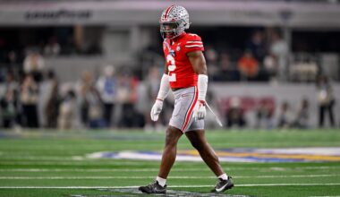 Arlington, TX, USA; Ohio State Buckeyes safety Caleb Downs (2) gets into position during the 2025 Cotton Bowl and quarterfinal game of the College Football Playoff at AT&T Stadium.