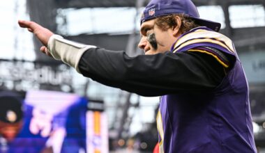 Jan 4, 2026; Minneapolis, Minnesota, USA; Minnesota Vikings quarterback J.J. McCarthy (9) walks off the field after the game against the Green Bay Packers at U.S. Bank Stadium.