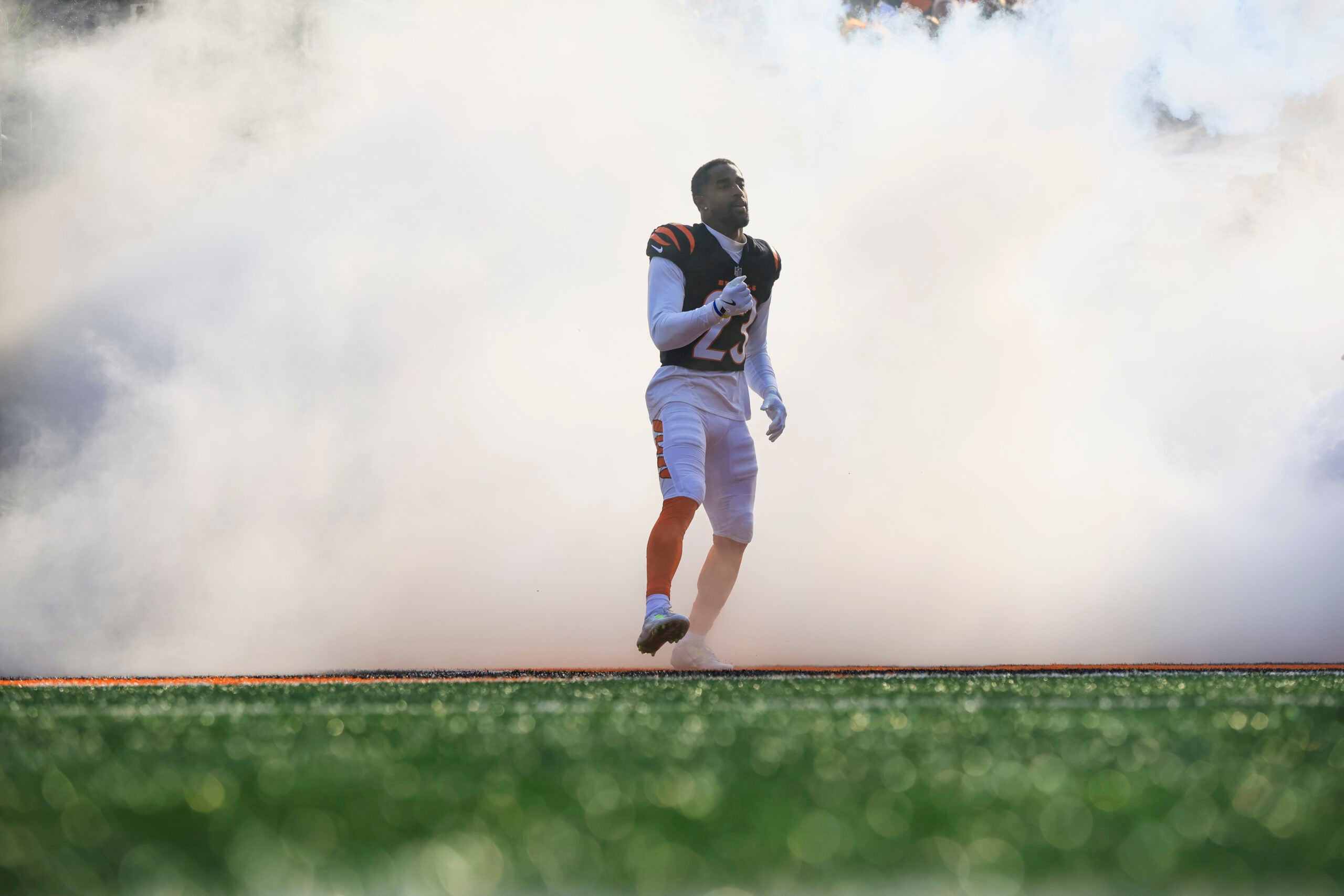 Jan 4, 2026; Cincinnati, Ohio, USA; Cincinnati Bengals cornerback Dax Hill (23) exits the player tunnel during introductions before a game against the Cleveland Browns at Paycor Stadium.