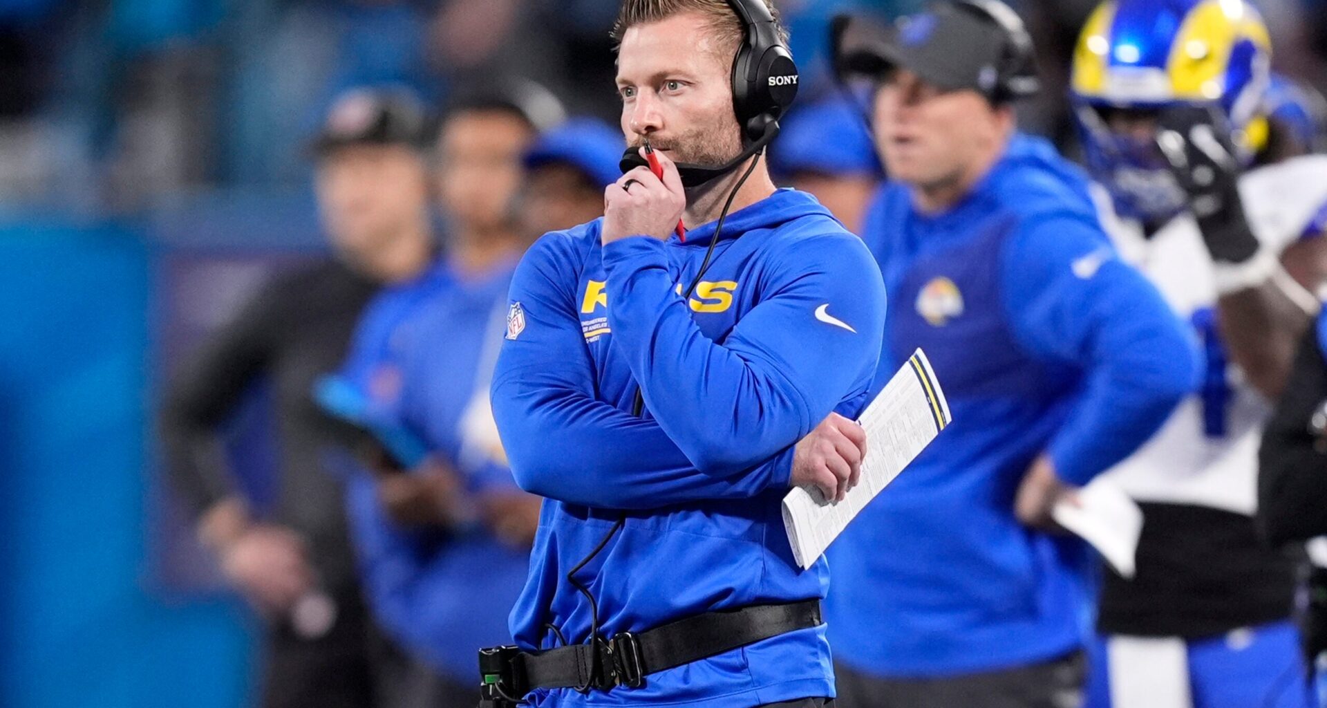 Jan 10, 2026; Charlotte, NC, USA; Los Angeles Rams head coach Sean McVay in the first half during the NFC Wild Card Round game at Bank of America Stadium.