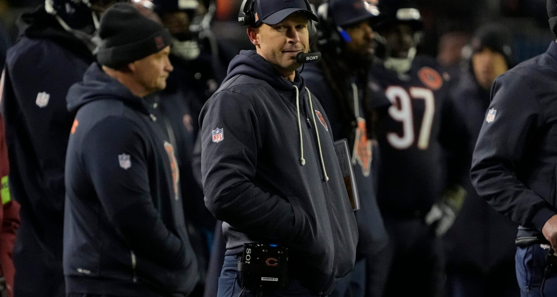Jan 10, 2026; Chicago, IL, USA; Chicago Bears head coach Ben Johnson stands on the sidelines against the Green Bay Packers during the second half of an NFC Wild Card Round game at Soldier Field.