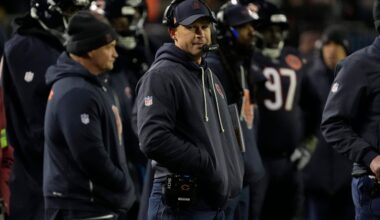 Jan 10, 2026; Chicago, IL, USA; Chicago Bears head coach Ben Johnson stands on the sidelines against the Green Bay Packers during the second half of an NFC Wild Card Round game at Soldier Field.