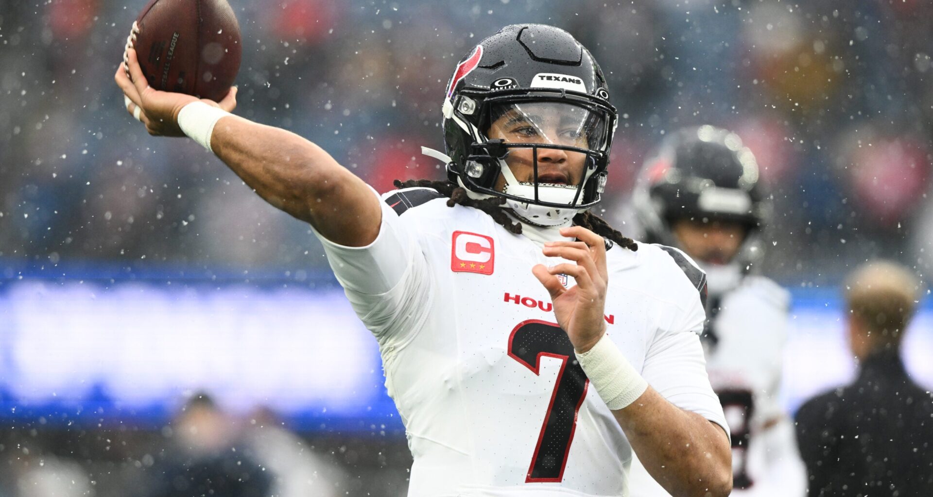 Jan 18, 2026; Foxborough, MA, USA; Houston Texans quarterback C.J. Stroud (7) warms up before an AFC Divisional Round game against the New England Patriots at Gillette Stadium.