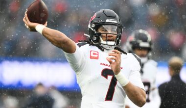 Jan 18, 2026; Foxborough, MA, USA; Houston Texans quarterback C.J. Stroud (7) warms up before an AFC Divisional Round game against the New England Patriots at Gillette Stadium.