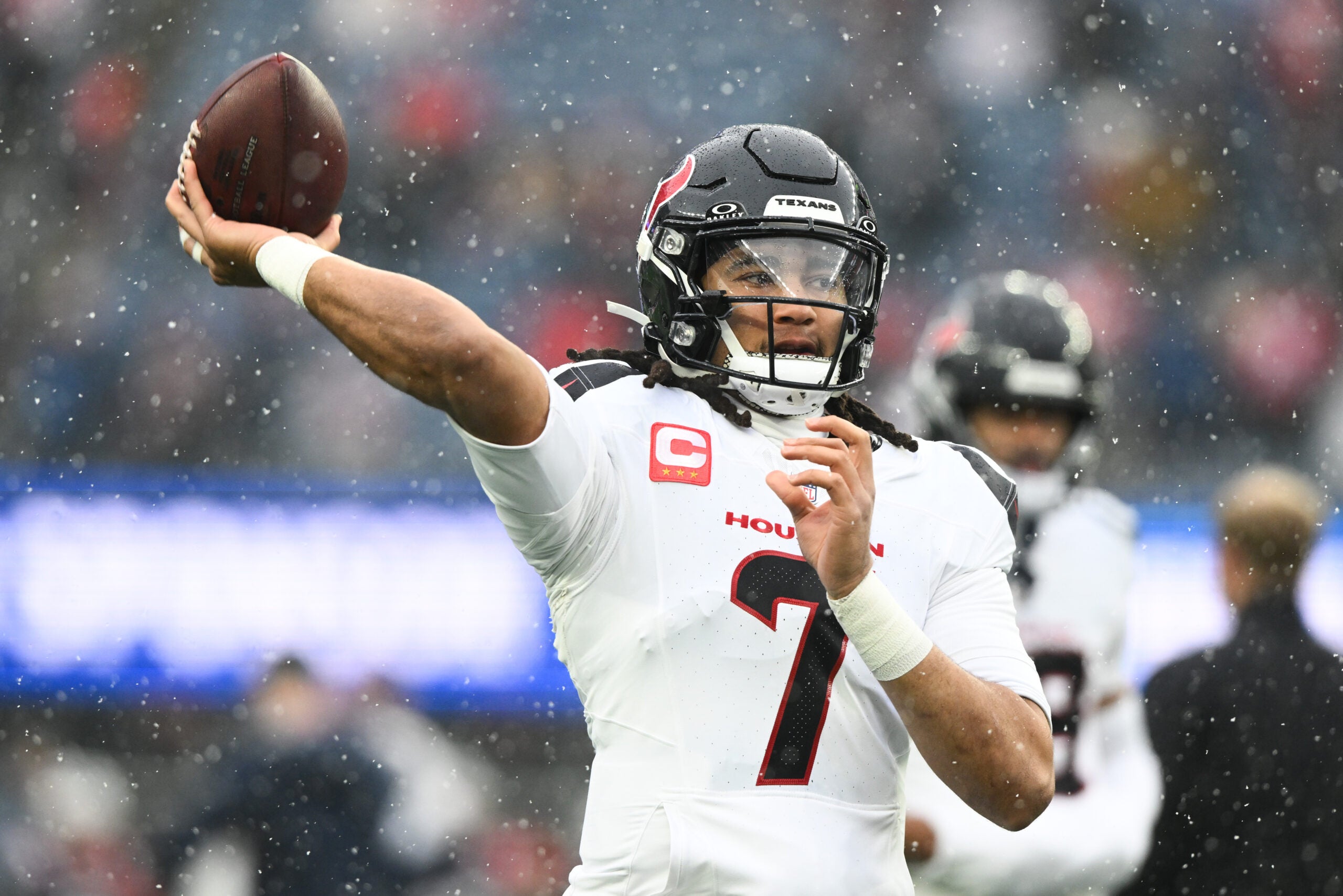 Jan 18, 2026; Foxborough, MA, USA; Houston Texans quarterback C.J. Stroud (7) warms up before an AFC Divisional Round game against the New England Patriots at Gillette Stadium.