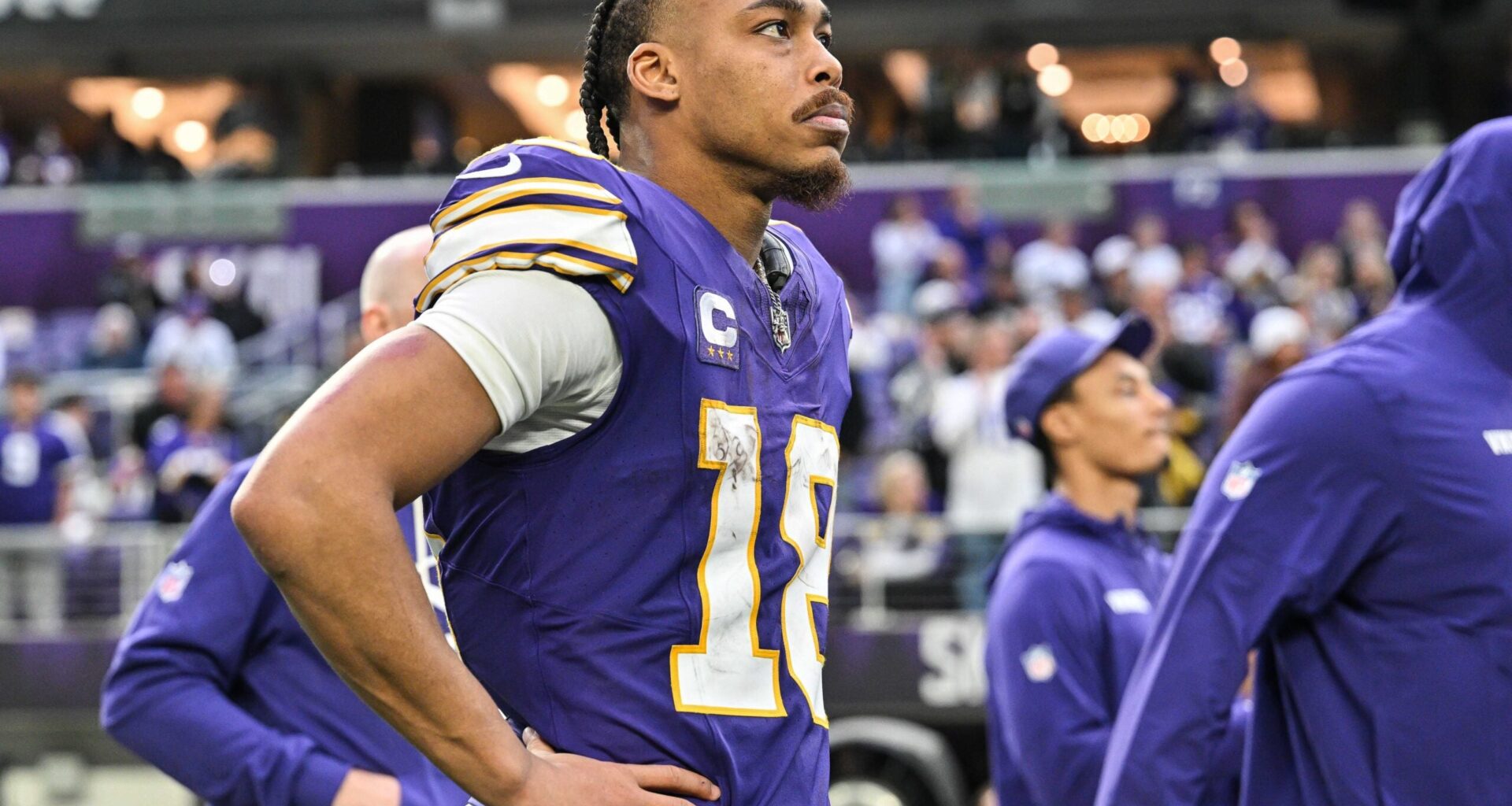 Jan 4, 2026; Minneapolis, Minnesota, USA; Minnesota Vikings wide receiver Justin Jefferson (18) looks on after the game against the Green Bay Packers at U.S. Bank Stadium.