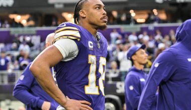 Jan 4, 2026; Minneapolis, Minnesota, USA; Minnesota Vikings wide receiver Justin Jefferson (18) looks on after the game against the Green Bay Packers at U.S. Bank Stadium.