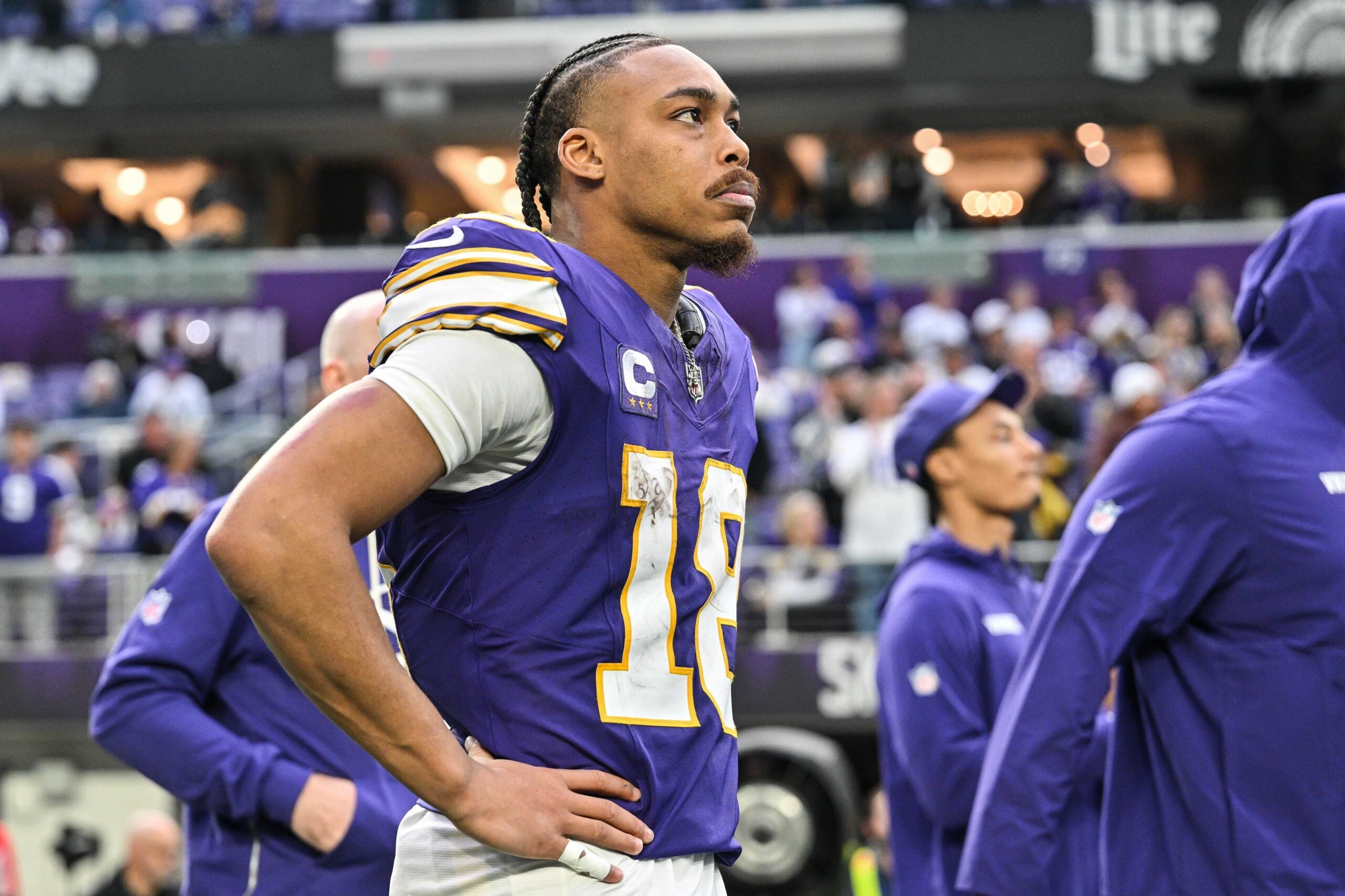 Jan 4, 2026; Minneapolis, Minnesota, USA; Minnesota Vikings wide receiver Justin Jefferson (18) looks on after the game against the Green Bay Packers at U.S. Bank Stadium.