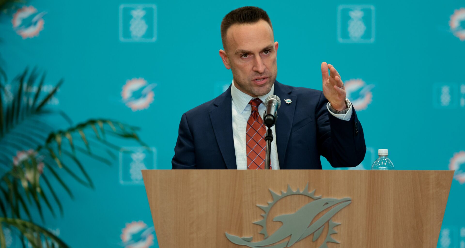 Jan 22, 2026; Miami Gardens, FL, USA; Miami Dolphins head coach Jeff Hafley speaks to reporters during his introductory press conference at Baptist Health Training Complex.