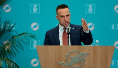 Jan 22, 2026; Miami Gardens, FL, USA; Miami Dolphins head coach Jeff Hafley speaks to reporters during his introductory press conference at Baptist Health Training Complex.