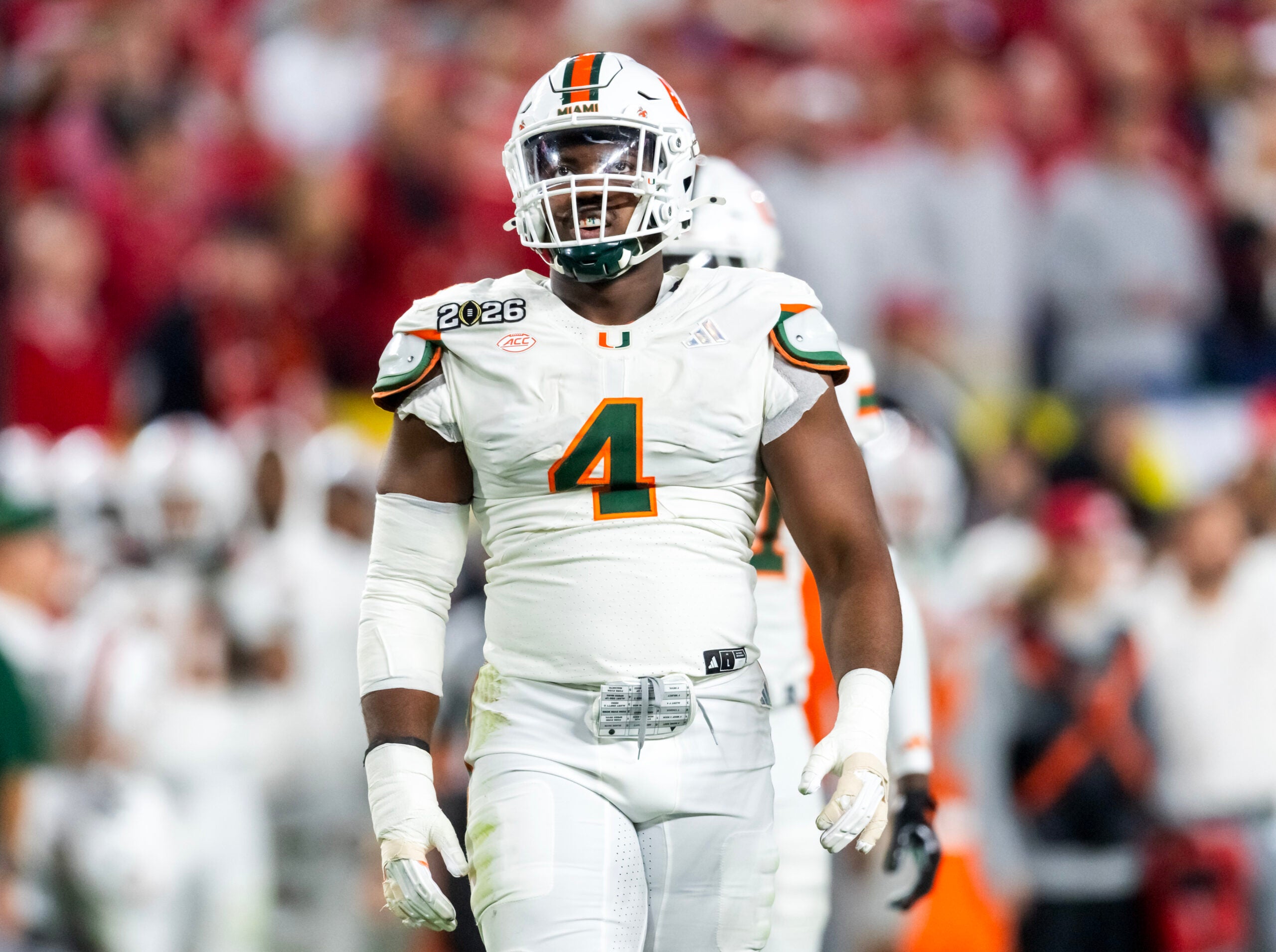 Jan 19, 2026; Miami Gardens, FL, USA; Miami Hurricanes defensive lineman Rueben Bain Jr. (4) against the Indiana Hoosiers during the College Football Playoff National Championship game at Hard Rock Stadium.