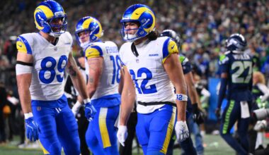 Jan 25, 2026; Seattle, WA, USA; Los Angeles Rams wide receiver Puka Nacua (12) celebrates after scoring a touchdown against the Seattle Seahawks during the second half in the 2026 NFC Championship Game at Lumen Field.