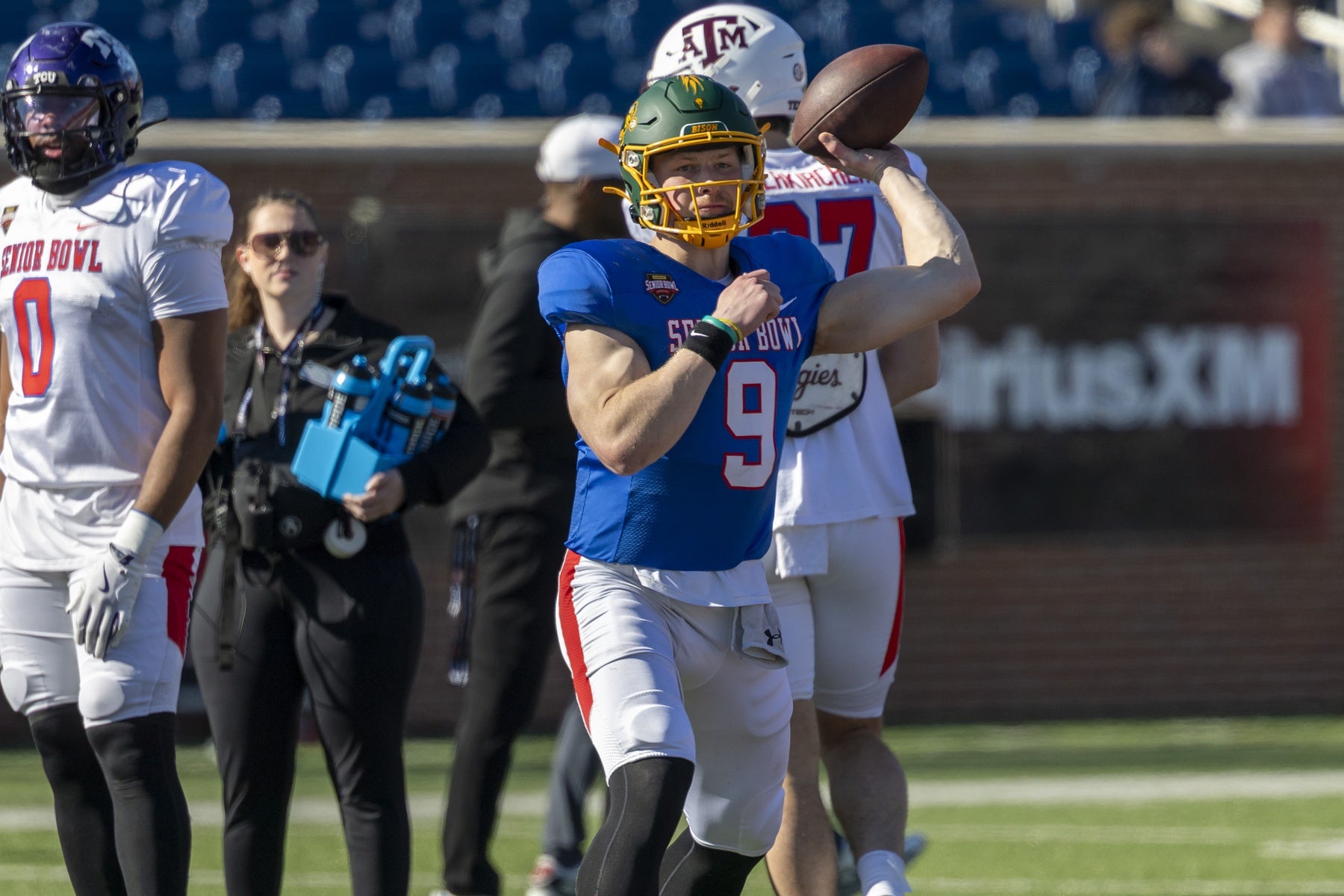 Jan 28, 2026; Mobile, AL, USA; National Team quarterback Cole Payton (9) of North Dakota State passes during National Senior Bowl practice at Hancock Whitney Stadium. Mandatory Credit: Vasha Hunt-Imagn Images