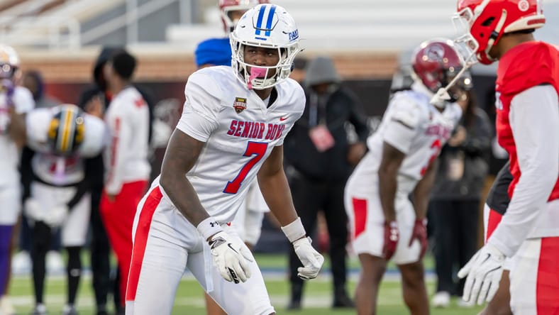 Ted Hurst lines up during Senior Bowl practice in Mobile, Alabama. Ted Hurst Vikings