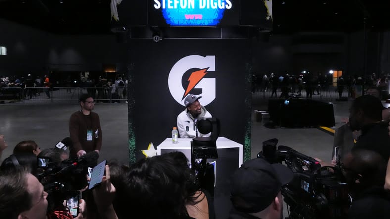 Patriots WR Stefon Diggs at the Super Bowl in 2026