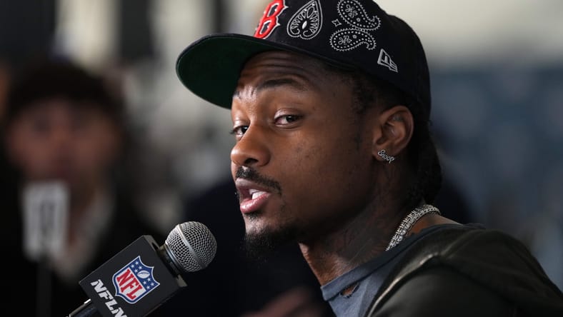Stefon Diggs speaking to media at a Super Bowl week press conference. Stefon Diggs Vikings.