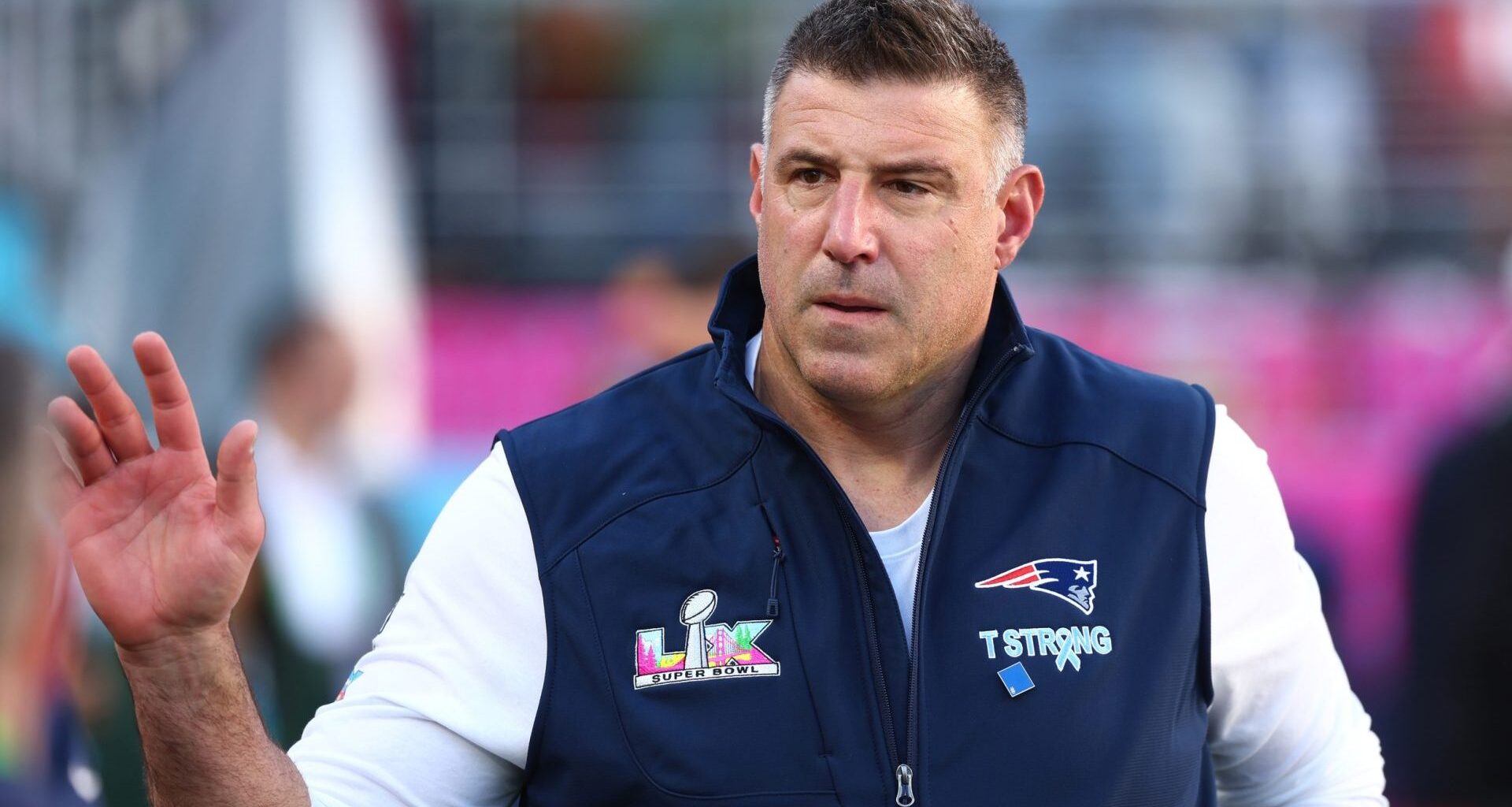 Feb 8, 2026; Santa Clara, CA, USA; New England Patriots head coach Mike Vrabel walks on field before Super Bowl LX against the Seattle Seahawks at Levi's Stadium. Mandatory Credit: Mark J. Rebilas-Imagn Images