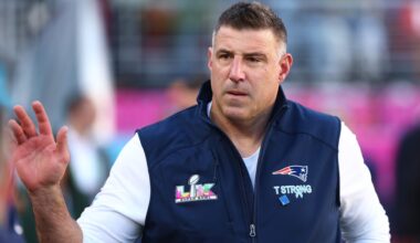 Feb 8, 2026; Santa Clara, CA, USA; New England Patriots head coach Mike Vrabel walks on field before Super Bowl LX against the Seattle Seahawks at Levi's Stadium. Mandatory Credit: Mark J. Rebilas-Imagn Images