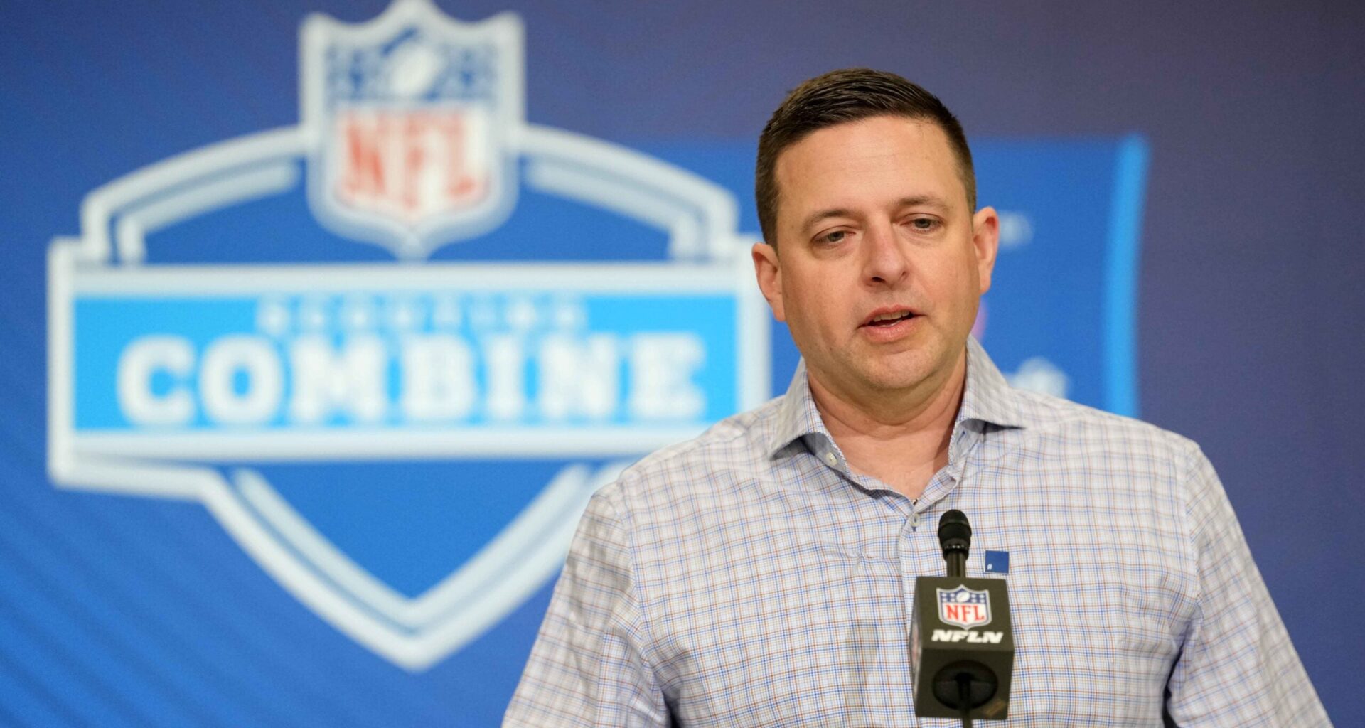 Feb 24, 2026; Indianapolis, IN, USA; New England Patriots general manager Eliot Wolf speaks at the NFL Scouting Combine at the Indiana Convention Center.