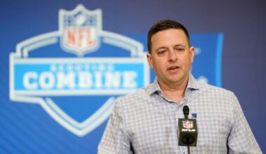 Feb 24, 2026; Indianapolis, IN, USA; New England Patriots general manager Eliot Wolf speaks at the NFL Scouting Combine at the Indiana Convention Center.
