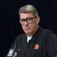 Buccaneers GM Jason Licht speaks with reporters at the combine ahead of the 2026 NFL Draft.