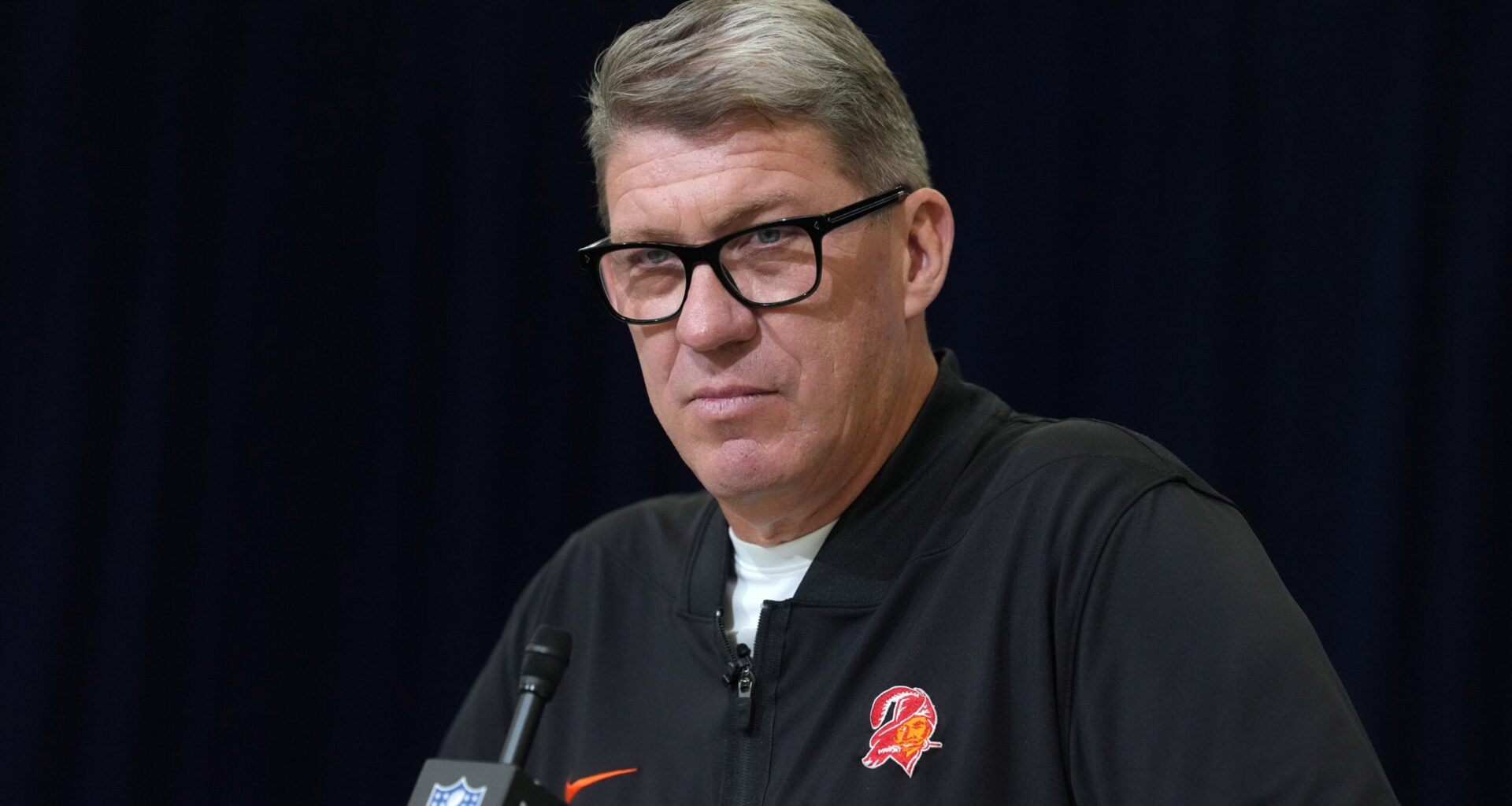 Buccaneers GM Jason Licht speaks with reporters at the combine ahead of the 2026 NFL Draft.