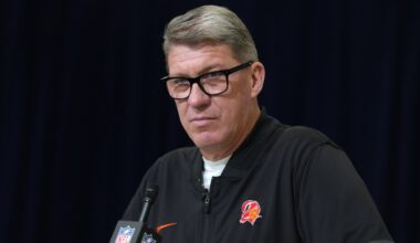 Buccaneers GM Jason Licht speaks with reporters at the combine ahead of the 2026 NFL Draft.