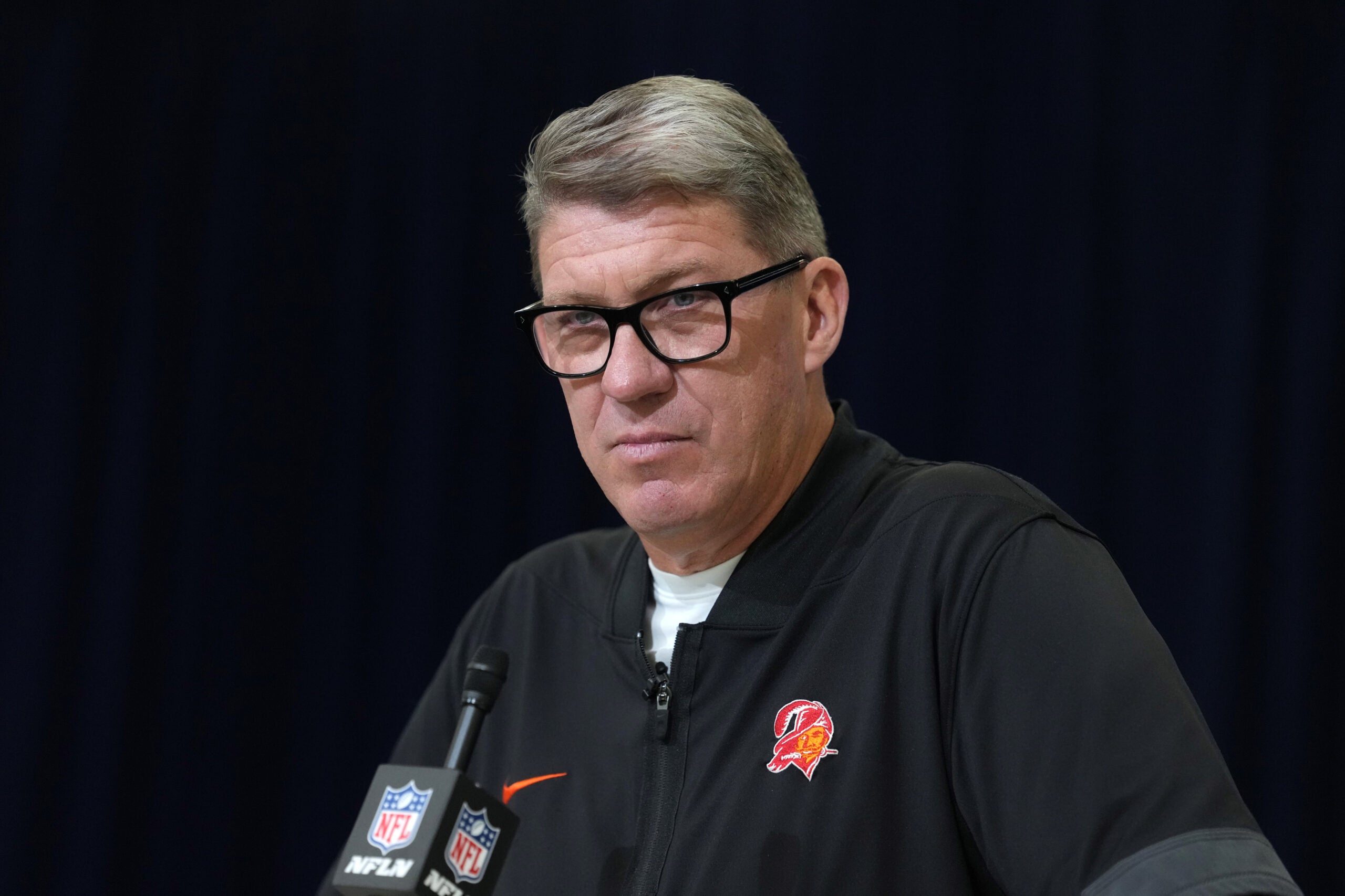 Buccaneers GM Jason Licht speaks with reporters at the combine ahead of the 2026 NFL Draft.