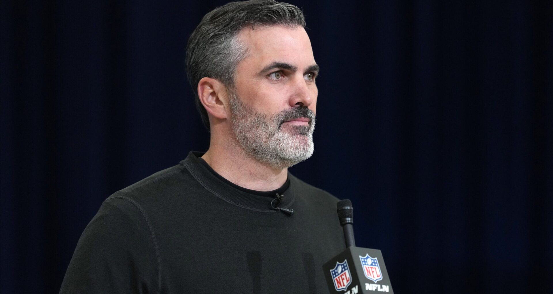 Feb 24, 2026; Indianapolis, IN, USA; Atlanta Falcons coach Kevin Stefanski speaks at the NFL Scouting Combine at the Indiana Convention Center.