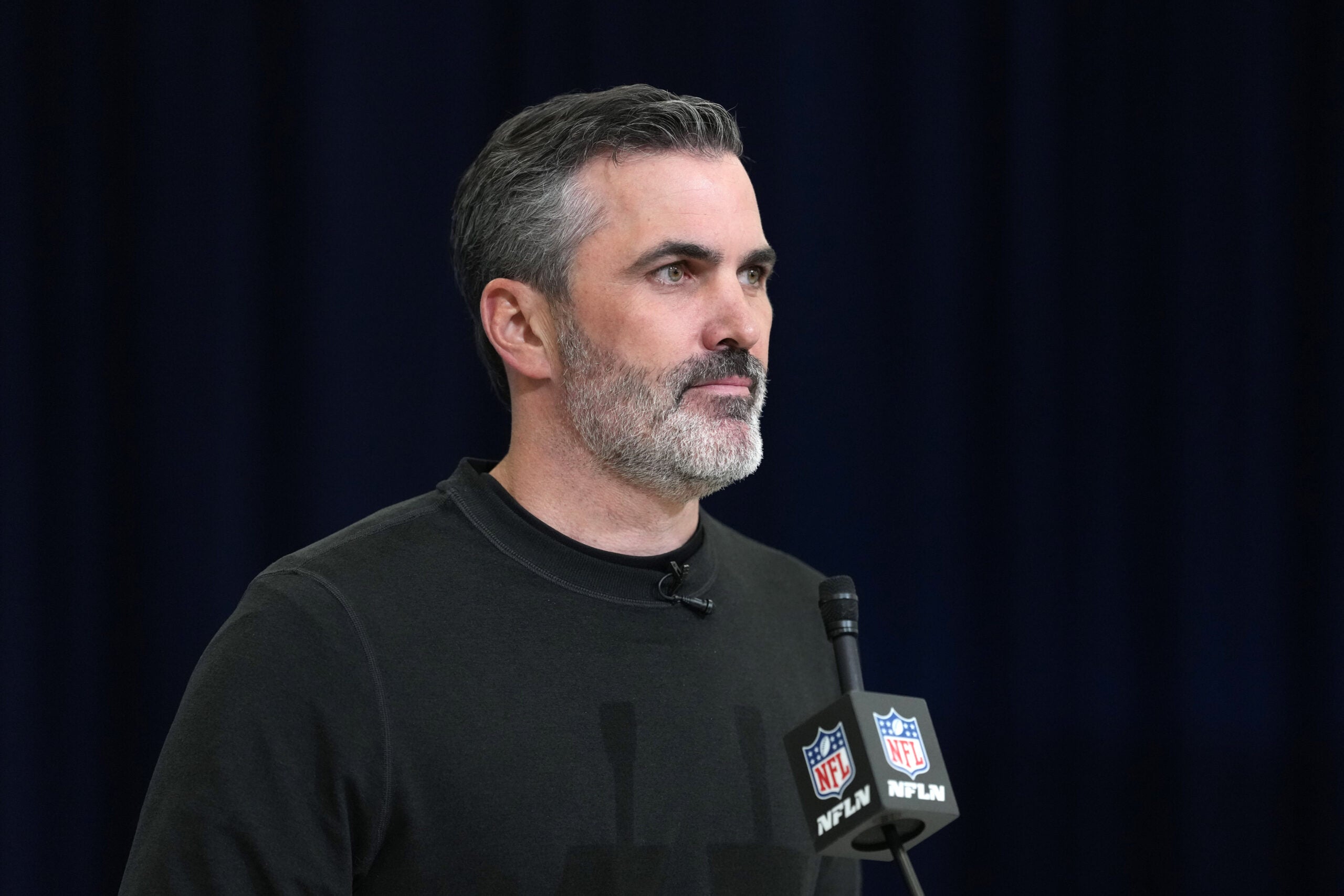 Feb 24, 2026; Indianapolis, IN, USA; Atlanta Falcons coach Kevin Stefanski speaks at the NFL Scouting Combine at the Indiana Convention Center.