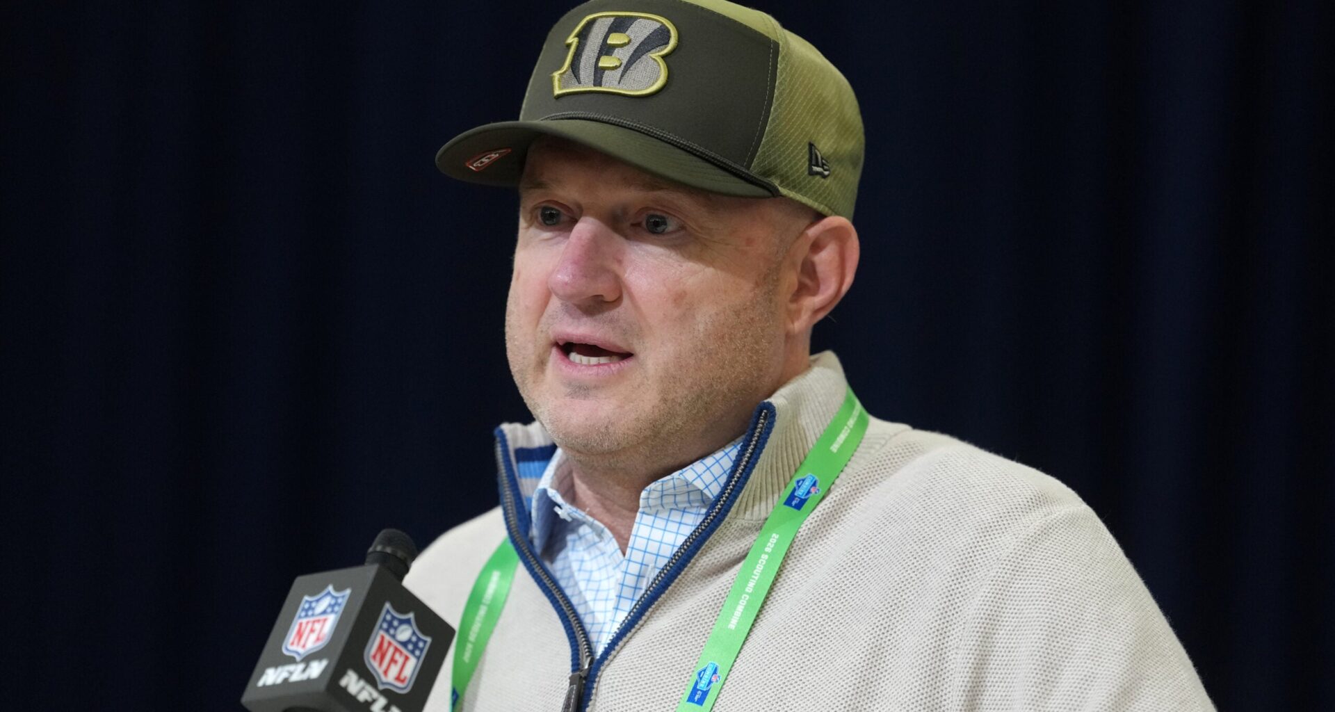 Feb 24, 2026; Indianapolis, IN, USA; Cincinnati Bengals general manager Duke Tobin speaks at the NFL Scouting Combine at the Indiana Convention Center.