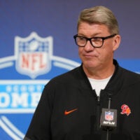 Feb 24, 2026; Indianapolis, IN, USA; Tampa Bay Buccaneers general manager Jason Licht speaks at the NFL Scouting Combine at the Indiana Convention Center.