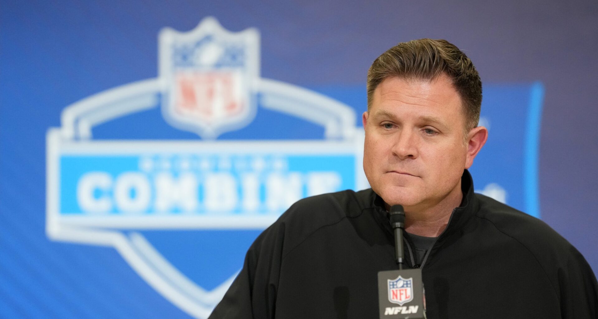 Feb 24, 2026; Indianapolis, IN, USA; Green Bay Packers general manager Brian Gutekunst speaks at the NFL Scouting Combine at the Indiana Convention Center.
