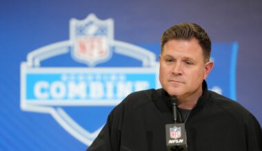 Feb 24, 2026; Indianapolis, IN, USA; Green Bay Packers general manager Brian Gutekunst speaks at the NFL Scouting Combine at the Indiana Convention Center.