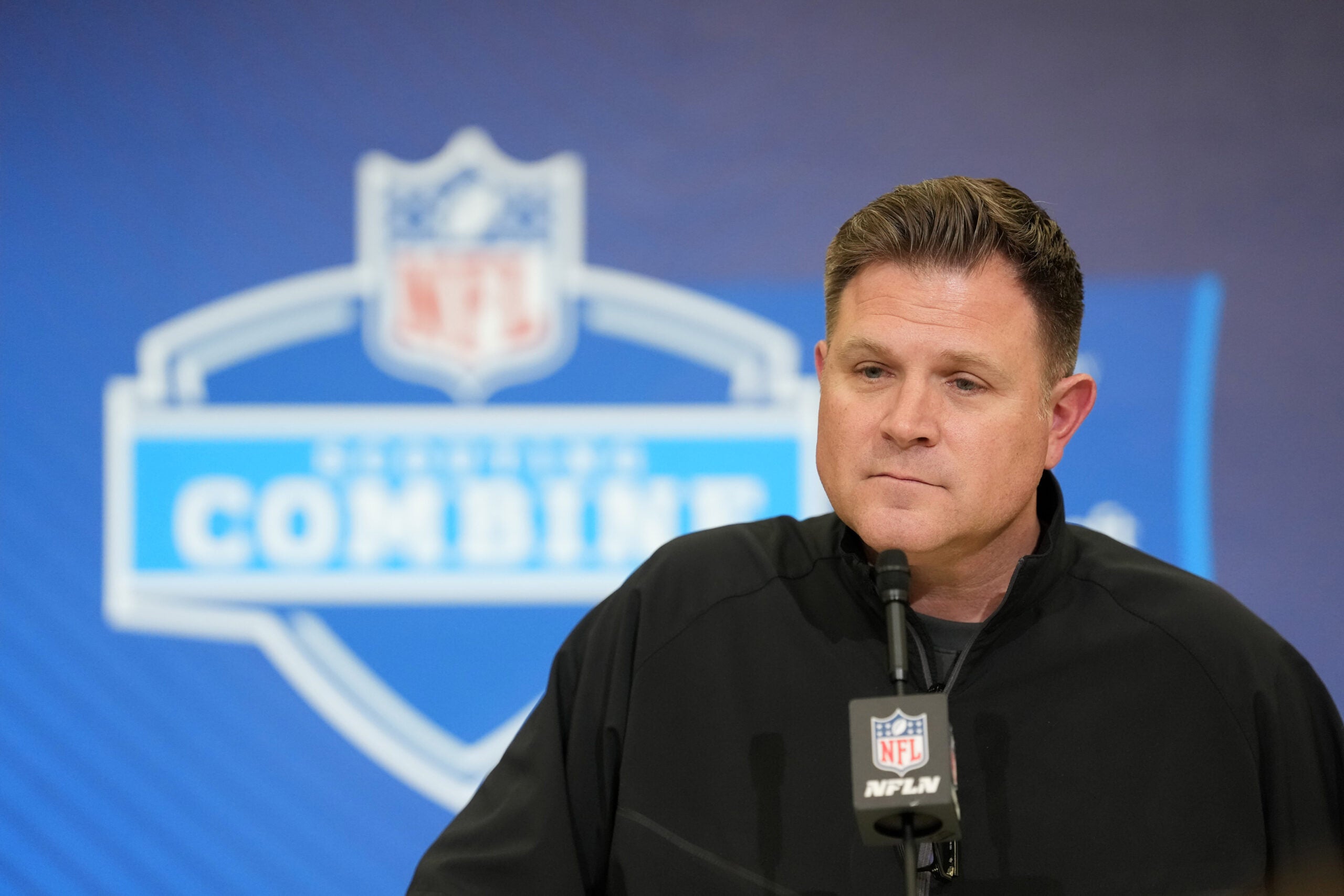 Feb 24, 2026; Indianapolis, IN, USA; Green Bay Packers general manager Brian Gutekunst speaks at the NFL Scouting Combine at the Indiana Convention Center.