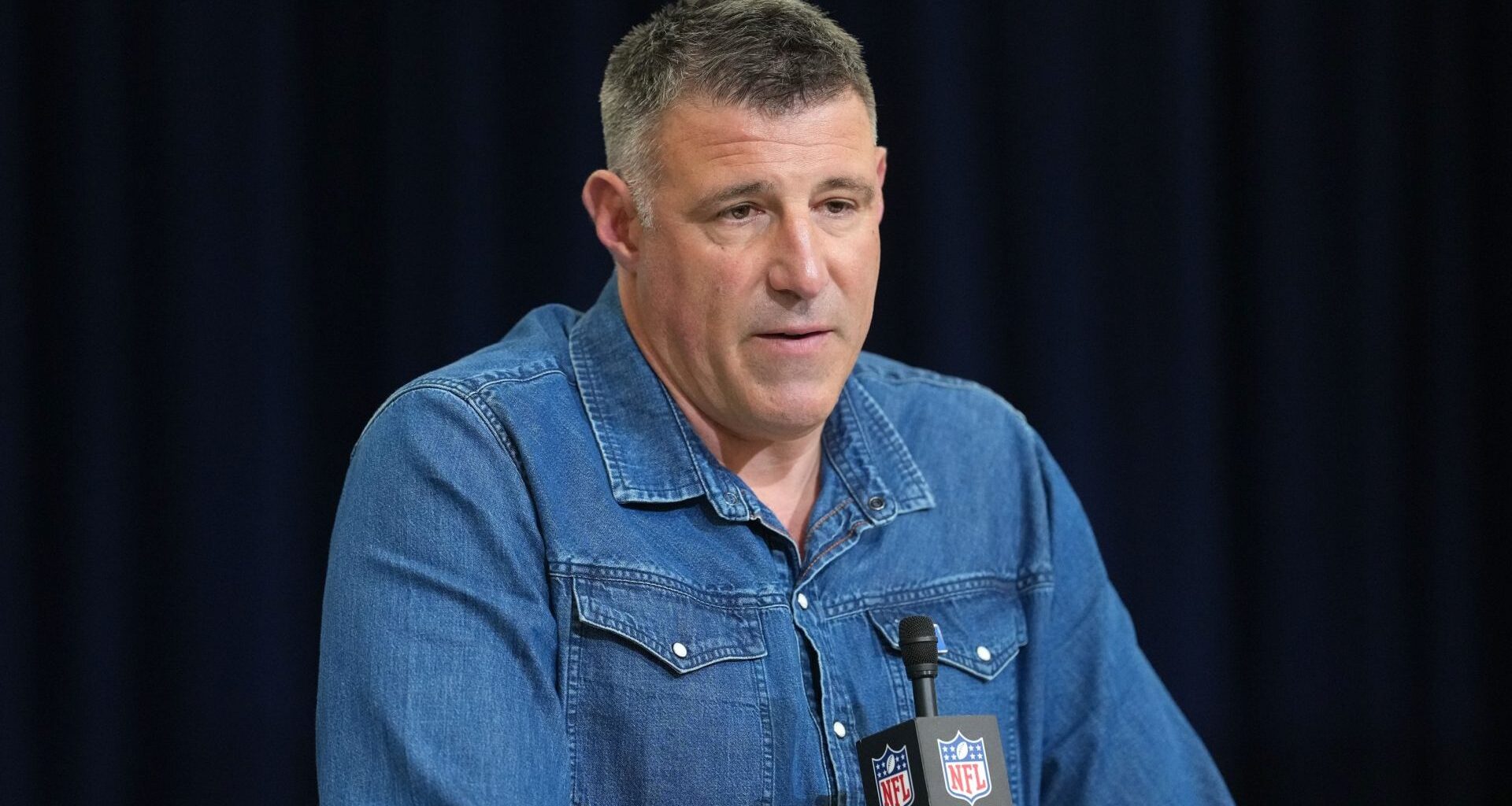 Feb 25, 2026; Indianapolis, IN, USA; New England Patriots coach Mike Vrabel speaks during the NFL Scouting Combine at the Indiana Convention Center. Mandatory Credit: Kirby Lee-Imagn Images