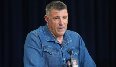 Feb 25, 2026; Indianapolis, IN, USA; New England Patriots coach Mike Vrabel speaks during the NFL Scouting Combine at the Indiana Convention Center. Mandatory Credit: Kirby Lee-Imagn Images