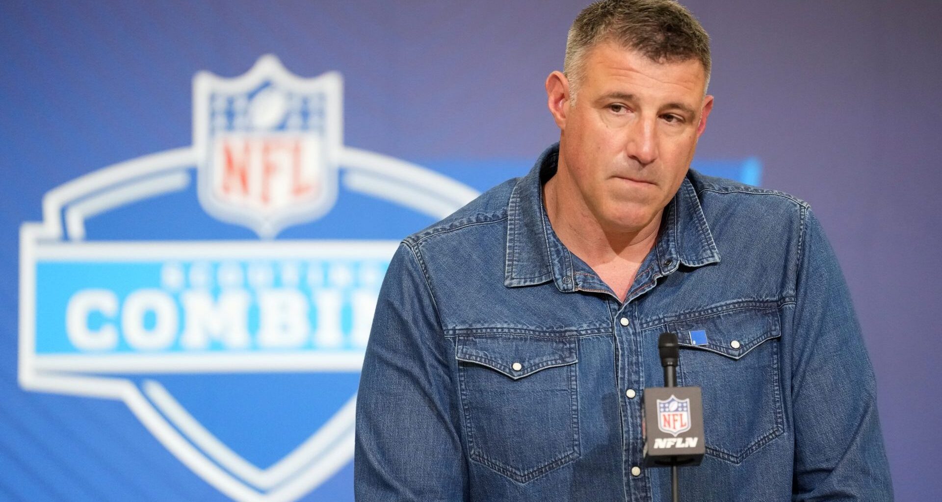 Feb 25, 2026; Indianapolis, IN, USA; New England Patriots coach Mike Vrabel speaks during the NFL Scouting Combine at the Indiana Convention Center. Mandatory Credit: Kirby Lee-Imagn Images